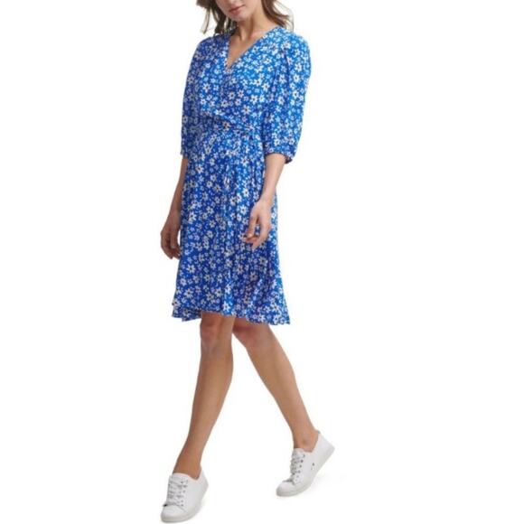 Calvin Klein Blue Floral Faux Wrap Midi Dress Sz 8 - Picture 5 of 13